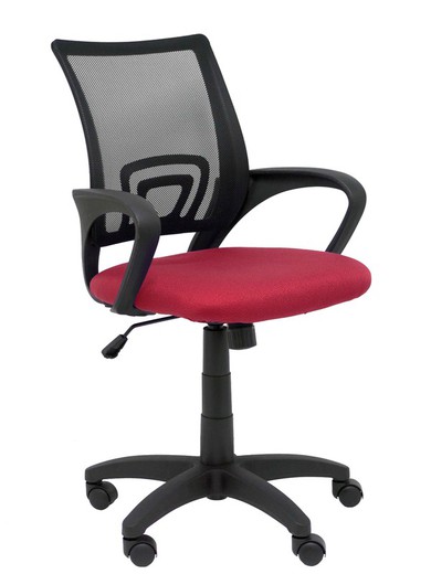 Modelo Vianos - Silla de oficina ergonómica con mecanismo basculante y regulable en altura - Respaldo de malla en color negro y asiento tapizado en tejido bali color granate.