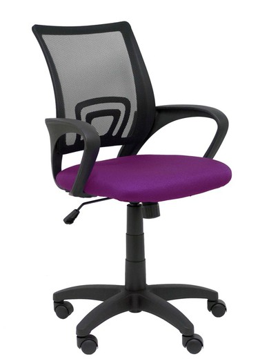 Modelo Vianos - Silla de oficina ergonómica con mecanismo basculante y regulable en altura - Respaldo de malla en color negro y asiento tapizado en tejido bali color morado.