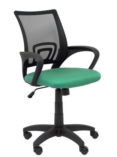 Modelo Vianos - Silla de oficina ergonómica con mecanismo basculante y regulable en altura - Respaldo de malla en color negro y asiento tapizado en tejido bali color verde esmeralda.