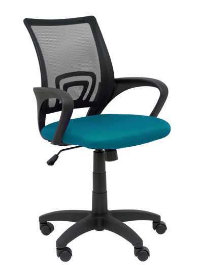 Modelo Vianos - Silla de oficina ergonómica con mecanismo basculante y regulable en altura - Respaldo de malla en color negro y asiento tapizado en tejido bali color verde petróleo.