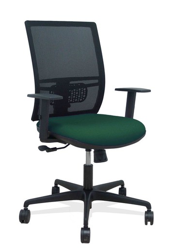 Modelo Yunquera - Silla de oficina ergonómica con mecanismo sincro, brazos regulables y ajustable en altura - Respaldo de malla transpirable en color negro y asiento tapizados en tejido BALI color verde botella.