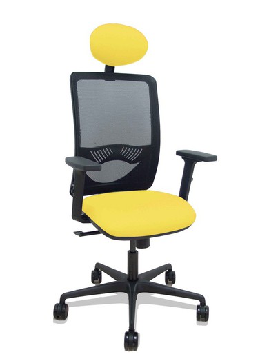 Modelo Zulema - Silla de oficina ergonómica con mecanismo sincro, brazos 2D- Respaldo de malla transpirable en color negro y asiento tapizados en tejido BALI color amarillo. Ruedas de nailon de 65mm. Cabecero fijo tapizado