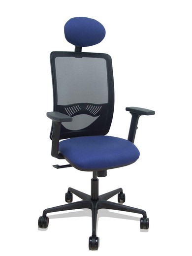 Modelo Zulema - Silla de oficina ergonómica con mecanismo sincro, brazos 2D- Respaldo de malla transpirable en color negro y asiento tapizados en tejido BALI color azul marino. Ruedas de nailon de 65mm. Cabecero fijo tapizado