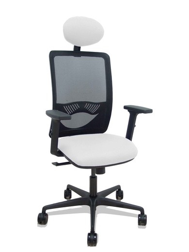 Modelo Zulema - Silla de oficina ergonómica con mecanismo sincro, brazos 2D- Respaldo de malla transpirable en color negro y asiento tapizados en tejido BALI color blanco. Ruedas de nailon de 65mm. Cabecero fijo tapizado