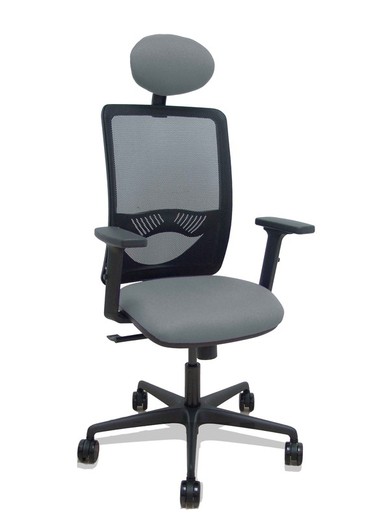 Modelo Zulema - Silla de oficina ergonómica con mecanismo sincro, brazos 2D- Respaldo de malla transpirable en color negro y asiento tapizados en tejido BALI color gris. Ruedas de nailon de 65mm. Cabecero fijo tapizado