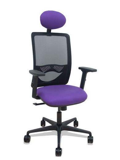 Modelo Zulema - Silla de oficina ergonómica con mecanismo sincro, brazos 2D- Respaldo de malla transpirable en color negro y asiento tapizados en tejido BALI color lila. Ruedas de nailon de 65mm. Cabecero fijo tapizado