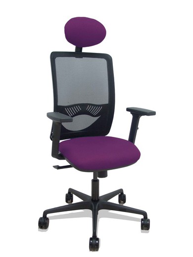 Modelo Zulema - Silla de oficina ergonómica con mecanismo sincro, brazos 2D- Respaldo de malla transpirable en color negro y asiento tapizados en tejido BALI color morado. Ruedas de nailon de 65mm. Cabecero fijo tapizado