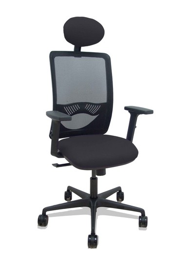 Modelo Zulema - Silla de oficina ergonómica con mecanismo sincro, brazos 2D- Respaldo de malla transpirable en color negro y asiento tapizados en tejido BALI color negro. Ruedas de nailon de 65mm. Cabecero fijo tapizado