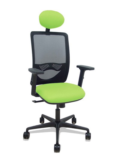 Modelo Zulema - Silla de oficina ergonómica con mecanismo sincro, brazos 2D- Respaldo de malla transpirable en color negro y asiento tapizados en tejido BALI color pistacho. Ruedas de nailon de 65mm. Cabecero fijo tapizado