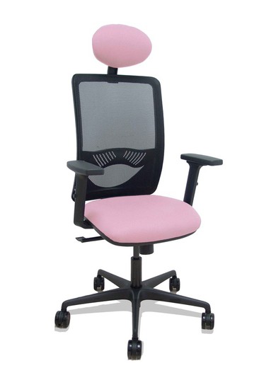 Modelo Zulema - Silla de oficina ergonómica con mecanismo sincro, brazos 2D- Respaldo de malla transpirable en color negro y asiento tapizados en tejido BALI color rosa. Ruedas de nailon de 65mm. Cabecero fijo tapizado