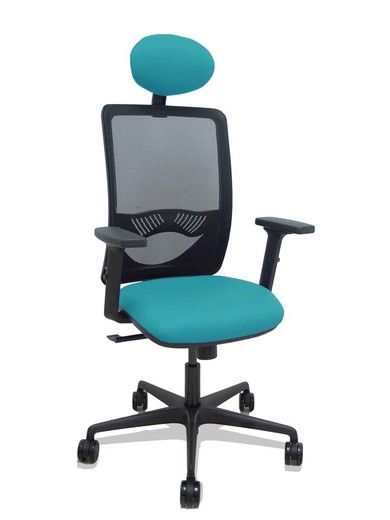 Modelo Zulema - Silla de oficina ergonómica con mecanismo sincro, brazos 2D- Respaldo de malla transpirable en color negro y asiento tapizados en tejido BALI color turquesa. Ruedas de nailon de 65mm. Cabecero fijo tapizado