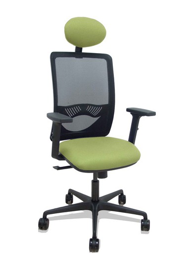 Modelo Zulema - Silla de oficina ergonómica con mecanismo sincro, brazos 2D- Respaldo de malla transpirable en color negro y asiento tapizados en tejido BALI color verde oliva. Ruedas de nailon de 65mm. Cabecero fijo tapizado