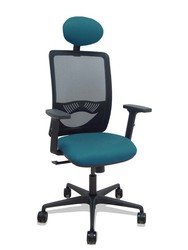 Modelo Zulema - Silla de oficina ergonómica con mecanismo sincro, brazos 2D- Respaldo de malla transpirable en color negro y asiento tapizados en tejido BALI color verde petróleo. Ruedas de nailon de 65mm. Cabecero fijo tapizado