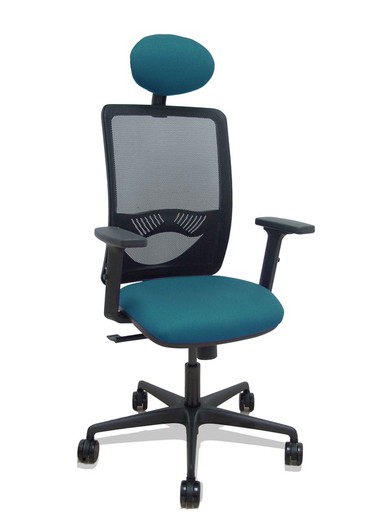 Modelo Zulema - Silla de oficina ergonómica con mecanismo sincro, brazos 2D- Respaldo de malla transpirable en color negro y asiento tapizados en tejido BALI color verde petróleo. Ruedas de nailon de 65mm. Cabecero fijo tapizado