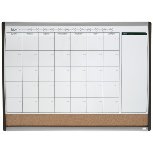 Miesięczny organizer magnetyczny + tablica korkowa (pozioma) NOBO585x430 mm, rama łukowa