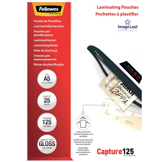 Pack 25 Laminating Sleeves 125 microns Glossy A5