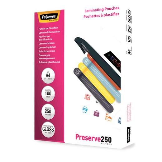 Pack of 100 Laminating Sleeves 250 microns Gloss A4