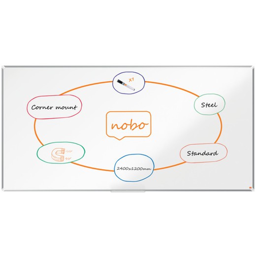 Pizarra NOBO Premium Plus acero lacado2400x1200mm, blanco con regalo de Bloc de notas cristal y PACK de 4 rotuladores