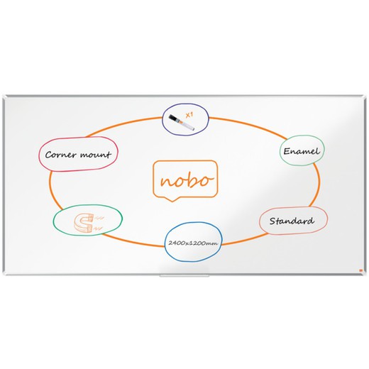 Pizarra NOBO Premium Plus acero vitrificado 2400x1200mm, blanco con regalo de Bloc de notas cristal y PACK de 4 rotuladores