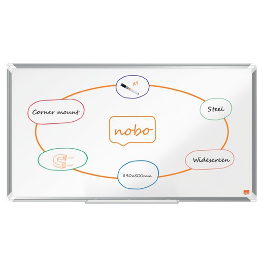 NOBO Premium Plus 40" lackerad panoramaskiffer i stål, 890x500mm, vit