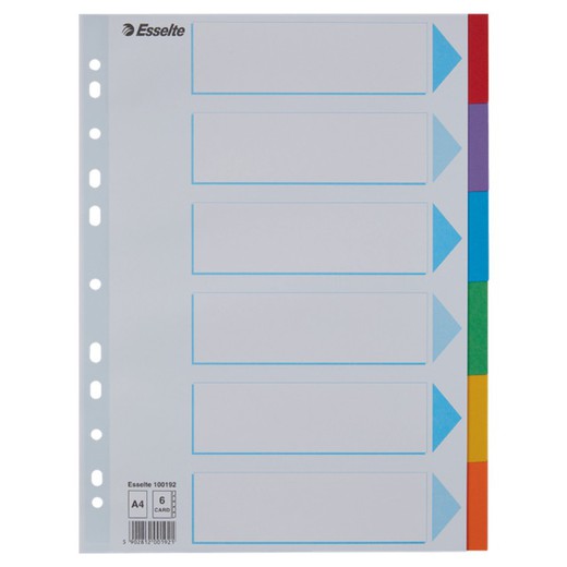 Multi-hole spacers. DIN A4. Color index card. 200g cardboard tabs. 1-6, multicolored