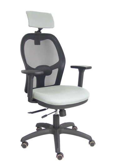 Silla con sistema traslack con malla negra y asiento bali gris claro con brazos 3D, cabecero regulable