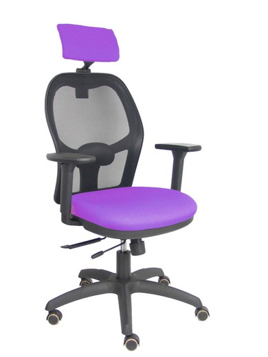 Silla con sistema traslack con malla negra y asiento bali lila con brazos 3D, cabecero regulable