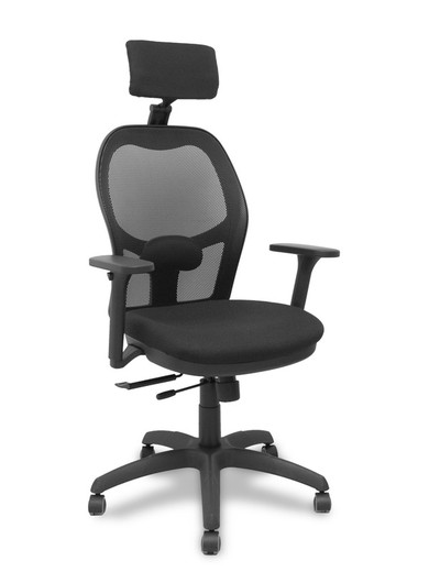 Silla con sistema traslack con malla negra y asiento bali negro con brazos 3D, cabecero regulable