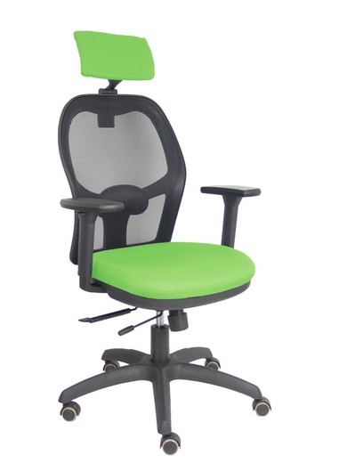 Silla con sistema traslack con malla negra y asiento bali pistacho con brazos 3D, cabecero regulable