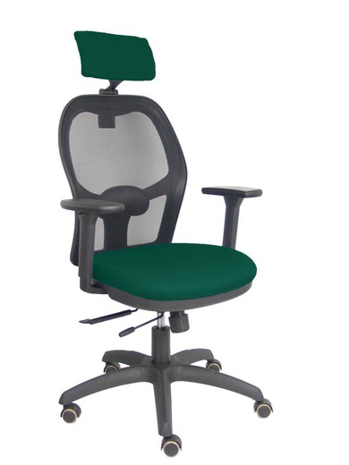 Silla con sistema traslack con malla negra y asiento bali verde botella con brazos 3D, cabecero regulable