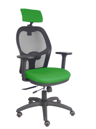 Silla con sistema traslack con malla negra y asiento bali verde con brazos 3D, cabecero regulable