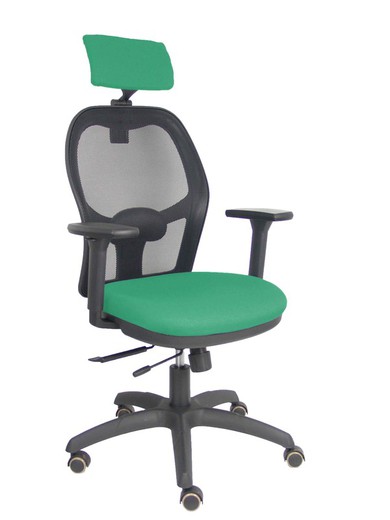 Silla con sistema traslack con malla negra y asiento bali verde esmeralda con brazos 3D, cabecero regulable