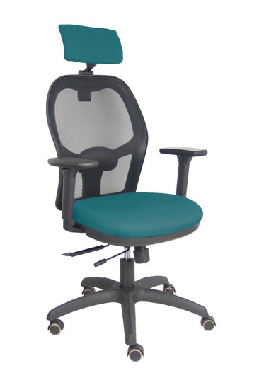 Silla con sistema traslack con malla negra y asiento bali verde petróleo con brazos 3D, cabecero regulable