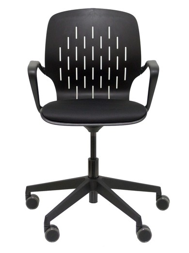 Silla de oficina ergonómica con mecanismo giratorio, regulable en altura - Respaldo en PVC y asiento tapizado en tejido focus color negro.