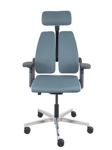 Silla de oficina ergonómica con mecanismo X-MOVE en el respaldo, con cabecero y asiento tapizado en tejido bondai color gris combinado, brazos regulables 4D