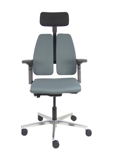 Silla de oficina ergonómica, de alto diseño, con mecanismo X-MOVE en el respaldo, con cabecero y asiento tapizado en tejido bondai color gris, brazos regulables 4D