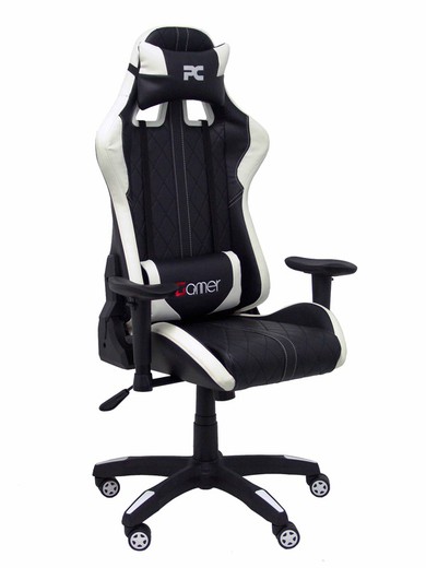 Silla Gaming con mecanismo basculante, regulable en altura y brazos regulables incluidos - Asiento y respaldo tapizados en SIMILPIEL negro y blanco