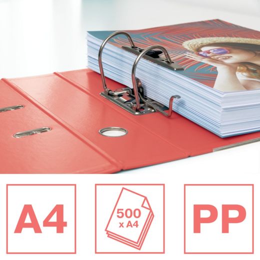 Lima ad arco a leva Colour'Breeze. Plastica foderata, interno in carta. DIN A4. Dorso 75 mm. corallo