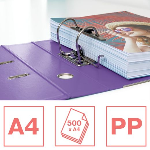 Classeur à levier Colour'Breeze. Plastique doublé, intérieur papier. DIN A4. Dos 75mm. lavande