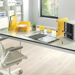 Pilnik Leitz z neutralną dźwignią CO2. Marmurkowy karton. 180 stopni. DIN A4. Grzbiet 52 mm, żółty