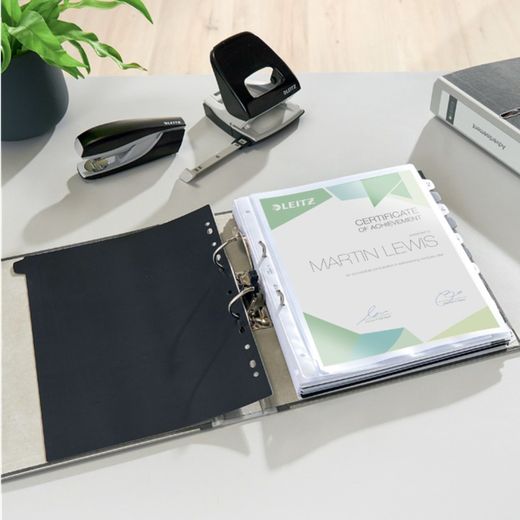 Classeur à levier neutre en CO2 Leitz. Carton marbré. 180º. DIN A4. Dos 52 mm, gris