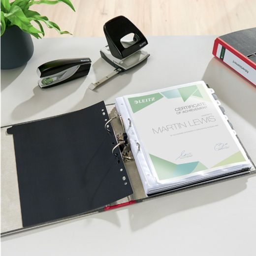 Classeur à levier neutre en CO2 Leitz. Carton marbré. 180º. DIN A4. Dos 52 mm, rouge