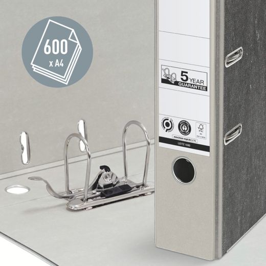 Classeur à levier neutre en CO2 Leitz. Carton marbré. 180º. DIN A4. Dos 80 mm, gris