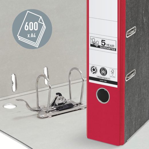 Classeur à levier neutre en CO2 Leitz. Carton marbré. 180º. DIN A4. Dos 80 mm, rouge