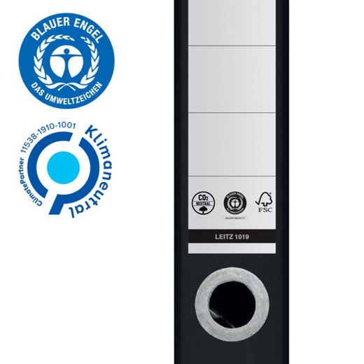 Leitz håndtagsbuefil lavet af 100% genanvendt og genanvendeligt pap. 180º. DIN A4. Ryg 50 mm. sort