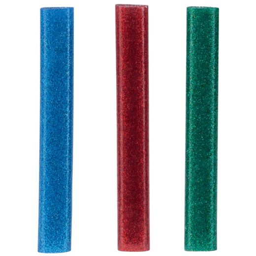 Blister pack of 16 Oval glitter sticks for low temperature gun, assorted (red, green, blue)