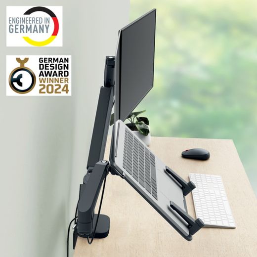 Ergo Space Saving Dual Monitor och bärbar datorarm, mörkgrå