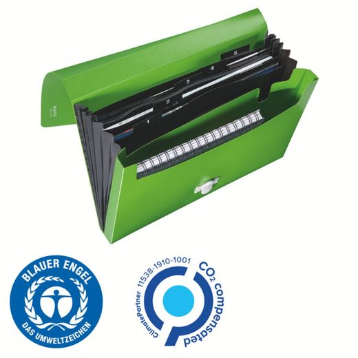 Φάκελος Leitz Recycle ακορντεόν. PP. 5 επεκτάσιμες θήκες συν 1 σταθερή πρόσοψη. DIN A4, πράσινο