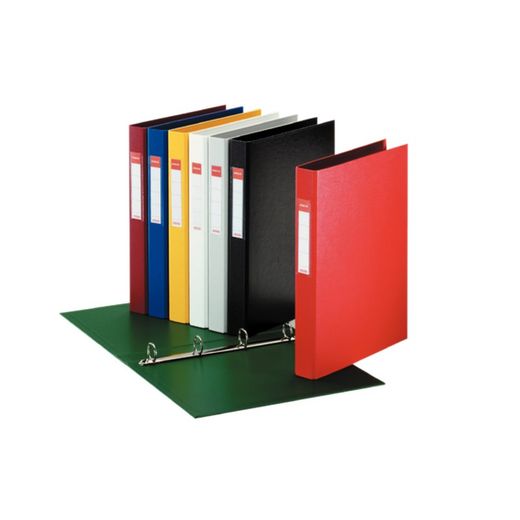 Plastikowy segregator w linie. Z plastikowym wnętrzem i uchwytem na karty. 4 pierścienie Ø 25 mm. DIN A4 czarny