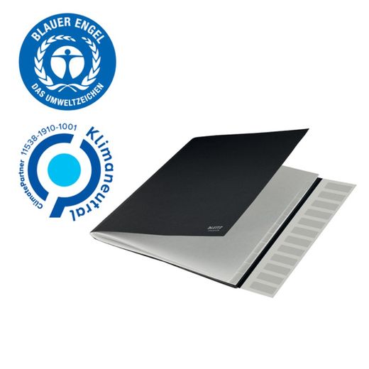 Sortownik tekturowych zakładek Leitz Recycle 12. W 100% nadaje się do recyklingu. DIN A4, czarny